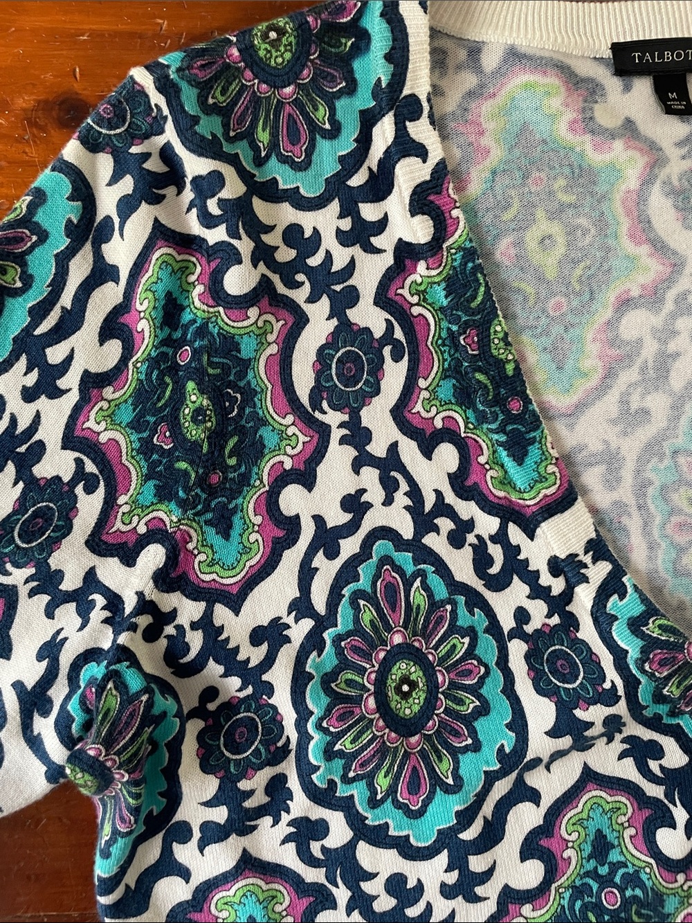 Talbots Teal, Navy & White Medallion Cardigan - Picture 7 of 9